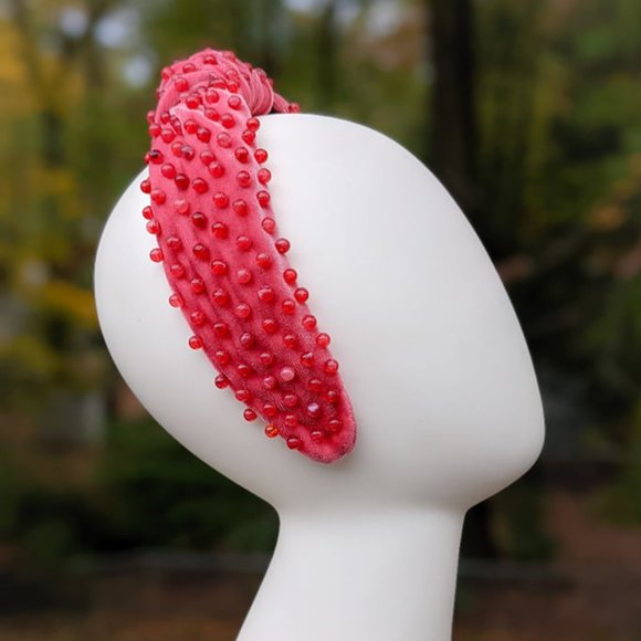 Coral Pink Beaded Knot Velvet Headband Deep Pink Acrylic Beads Handmade Knotted